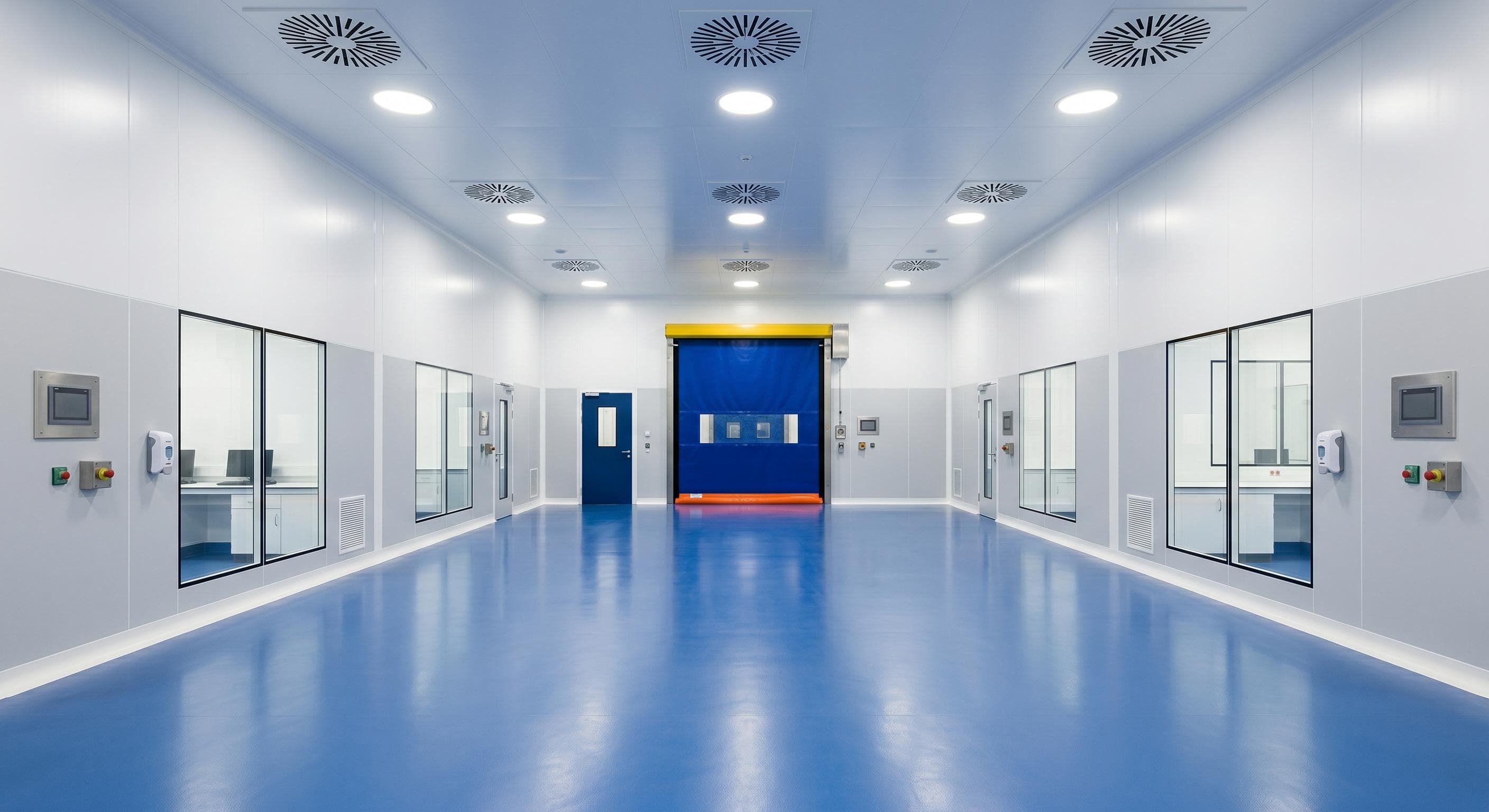 Sala blanca farmacéutica grande con instrumentación digital y consolas de control
