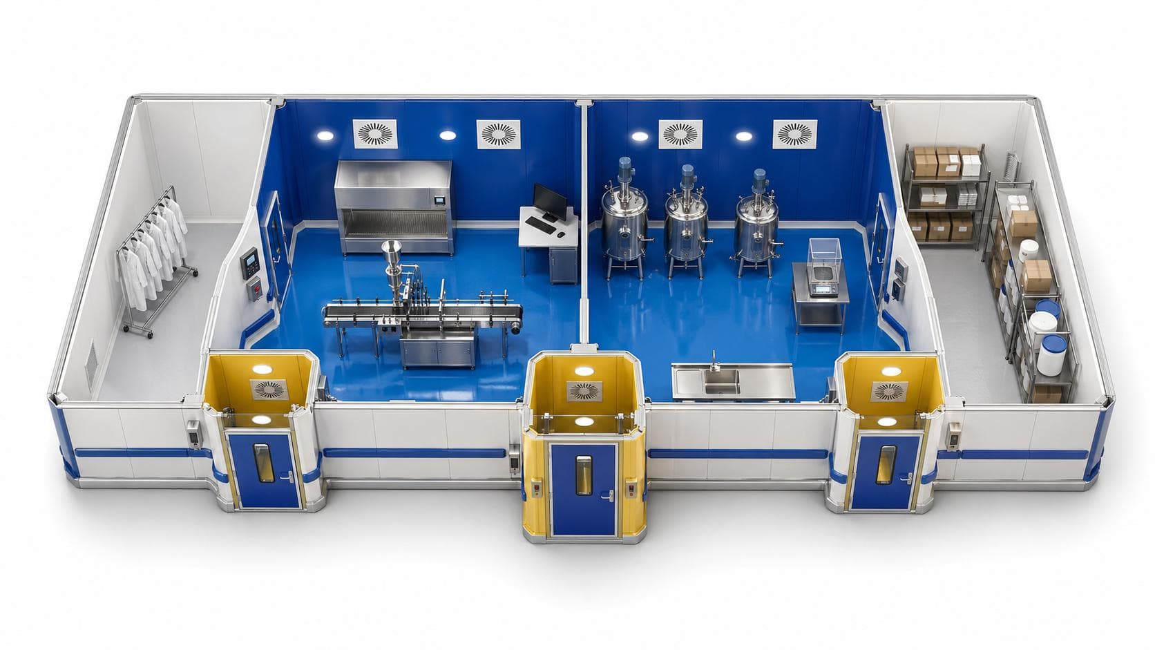 Render isométrico de una sala blanca farmacéutica con vestuario, zona de envasado, zona de bioprocesamiento y almacén de materiales, mostrando los sensores y puntos de captura de datos del sistema Smart Clean Solutions